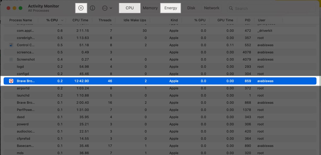 Select app from the Activity Monitor consuming battery and click on close icon