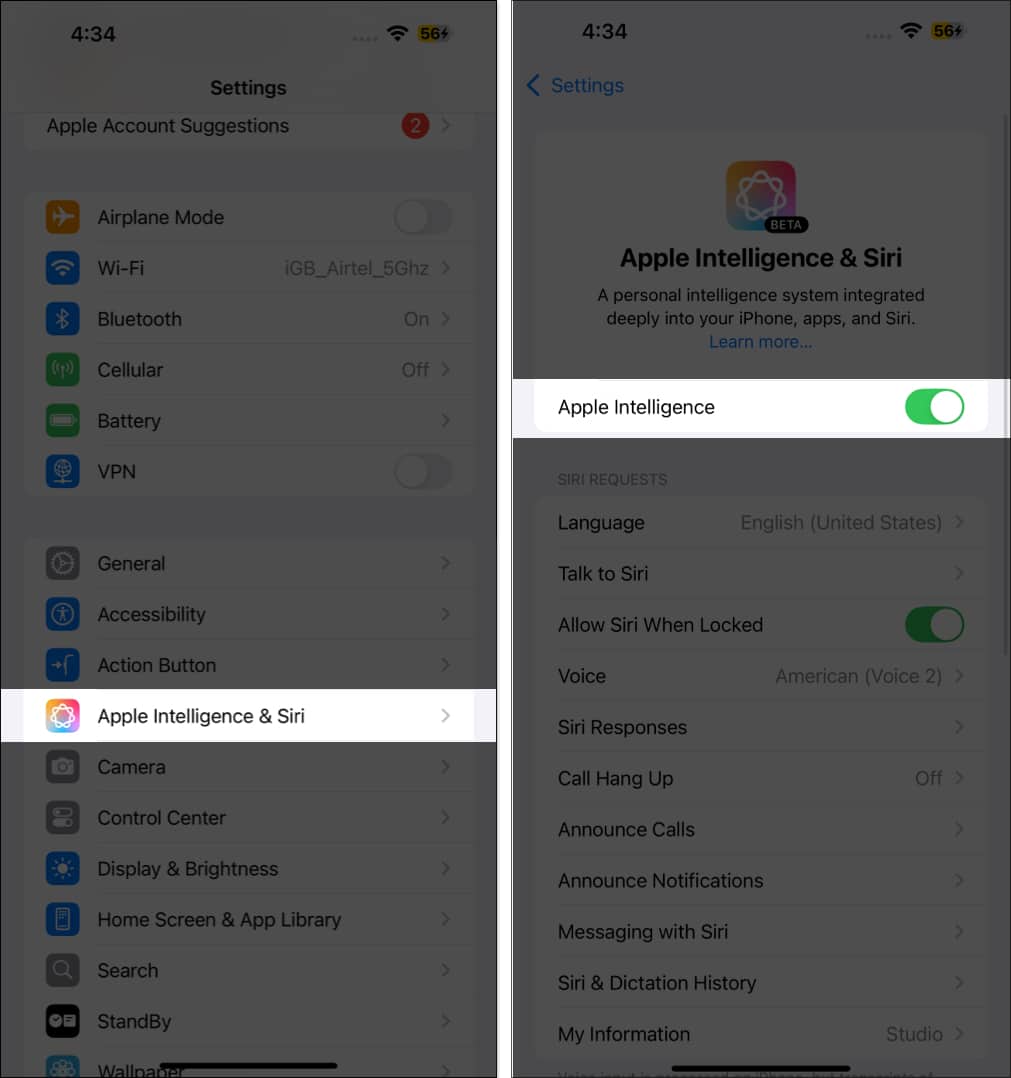 How to fix iOS 182 Image Playground not working Toggle on Apple Intelligence and Siri from iPhone settings app