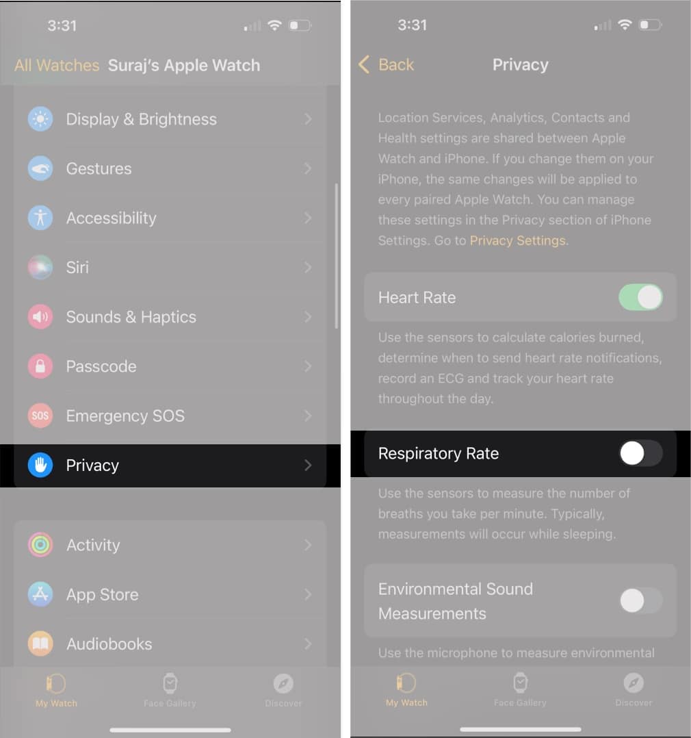 Turn off Respiratory Rate in Watch app on iPhone